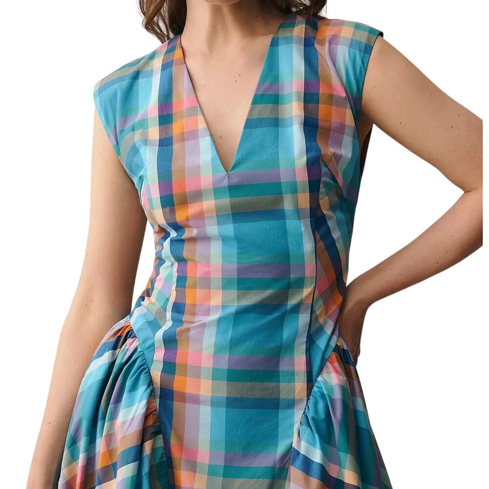 Anthropologie Maeve NEW Sleeveless V-Neck Basque Waist Blue Plaid Midi Dress - Picture 2 of 15